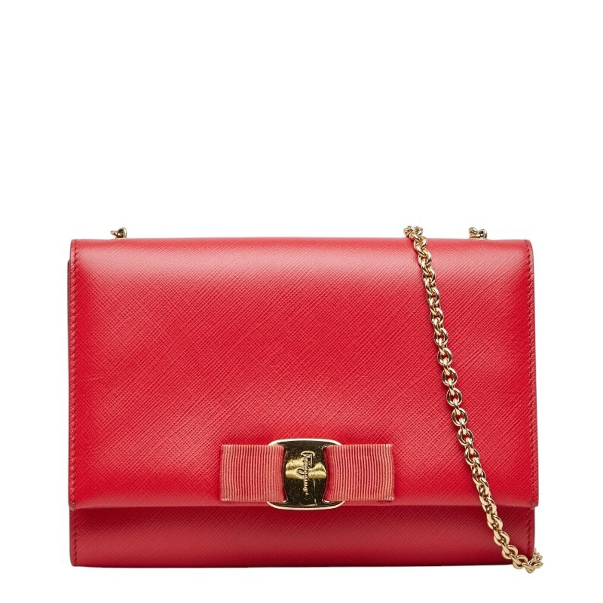 Salvatore Ferragamo Vara Ribbon Chain Shoulder Bag Au21 B558 Red Leather Women's